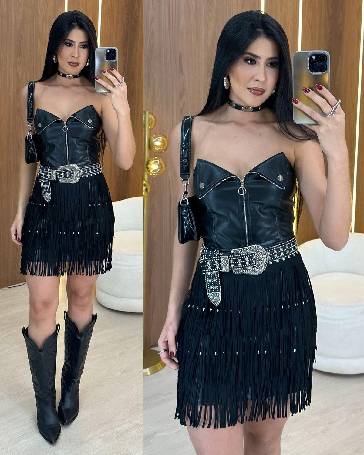 CONJUNTO PU FRANJAS - Preto