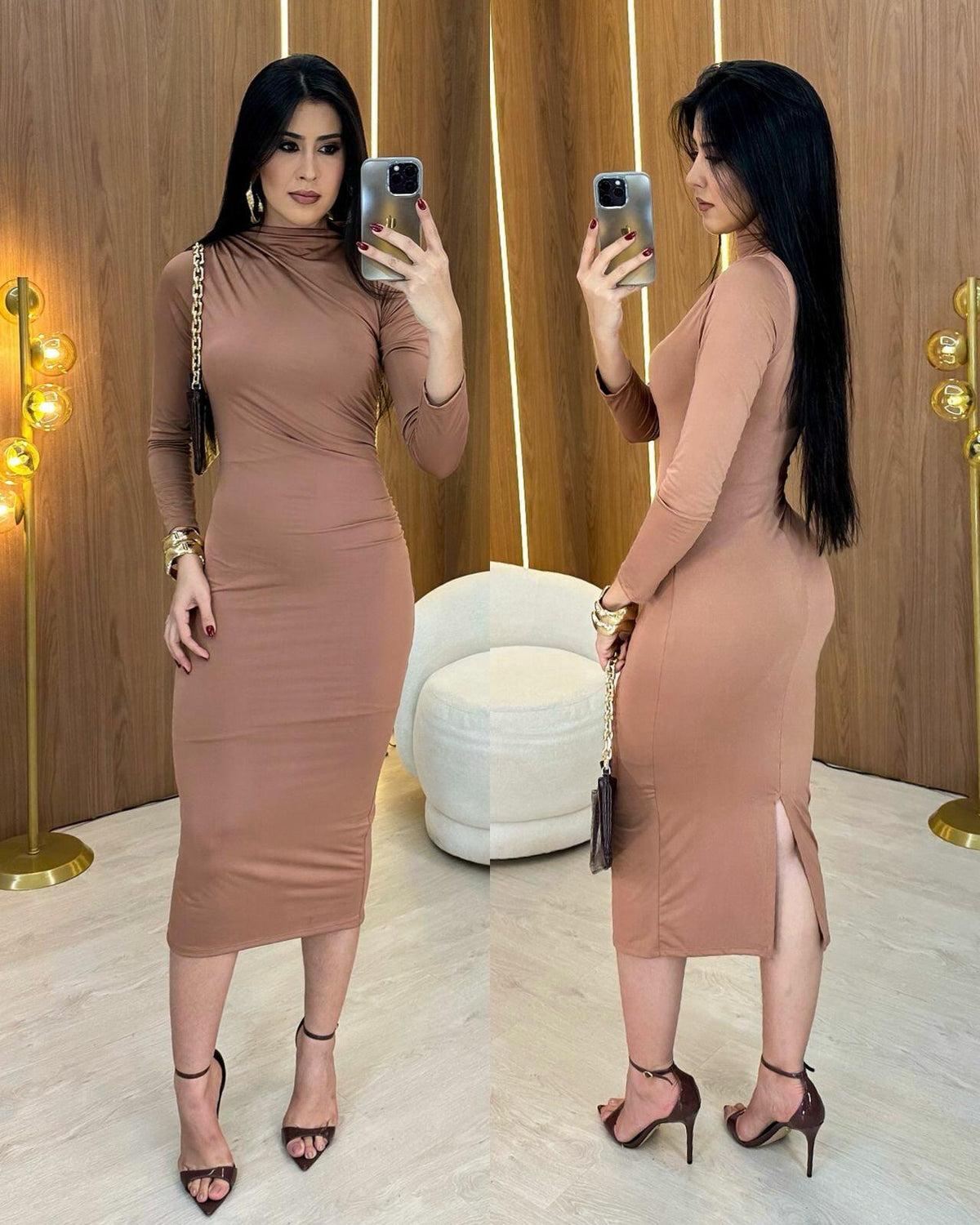 VESTIDO MIDI MANGA LONGA - Bege
